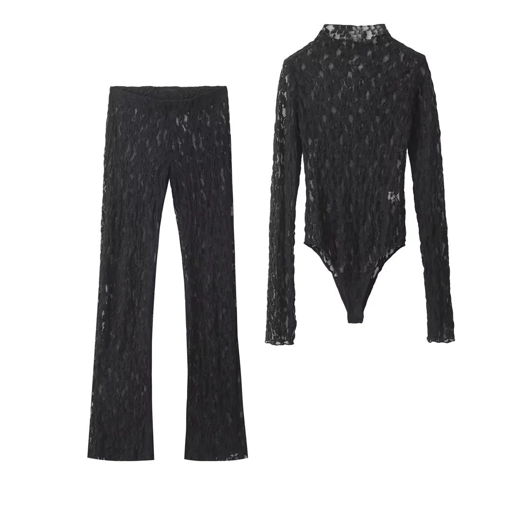2-teiliges Damen-Set: Spitzen-Oberteil & Hose – Black Cut-Out Suit